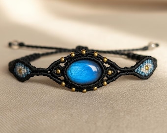 Labradorite Evil Eye Bracelet, Macrame Protection Amulet, Blue Flash Gemstone Cuff, Witchy Boho Jewelry, Spiritual Gift for Her