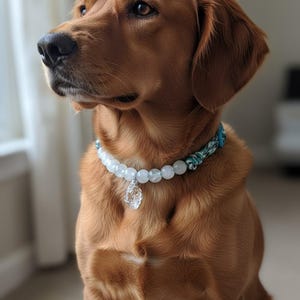 以下が含まれることがあります： 犬用のビーズカラーをつけたゴールデンレトリバー。カラーは白く丸いビーズと透明なクリスタルのペンダントが特徴です。カラーの生地は青と白の模様です。犬は横を向いています。