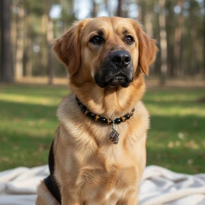Może przedstawiać: Mieszaniec golden retrievera noszący czarno-brązowy naszyjnik z koralik&oacute;w z zawieszką owiniętą drutem. Pies siedzi na zewnątrz na białym kocu, z rozmytym zielono-brązowym tłem drzew i trawy.