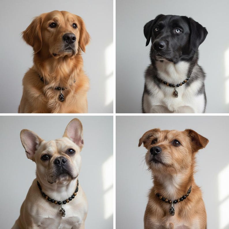 Może przedstawiać: Cztery psy r&oacute;żnych ras, każdy z naszyjnikiem z koralik&oacute;w i wisiorkiem. Psy to golden retriever, czarno-biały husky, buldog francuski i terier. Tło jest jednolicie białe.