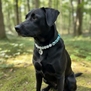 以下が含まれることがあります： クリスタルペンダント付きのビーズ犬用首輪をつけた黒いラブラドールレトリバー。首輪は、薄緑色と白のビーズ、ターコイズと黒の模様のセクションが特徴です。犬は森の中で緑の草の上に座っています。