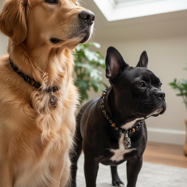 Może przedstawiać: Golden retriever i czarny buldog francuski w naszyjnikach dla ps&oacute;w z koralik&oacute;w z zawieszkami. Kołnierze mają czarne i brązowe koraliki. Psy są w pomieszczeniach, z naturalnym światłem i zielenią w tle.
