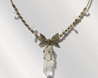Macrame Butterfly Necklace, Raw Clear Quartz Pendant, Dainty Crystal Choker, Boho Fairycore Jewelry, Spiritual Gift for Her