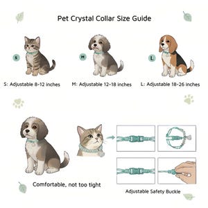 以下が含まれることがあります： ペット用クリスタルカラーのサイズガイド。猫と犬が首輪を着用しているイラストが掲載されています。サイズはS、M、Lで、インチ単位で調整可能です。「快適で、きつすぎない」と「調節可能な安全バックル」というテキストがあります。