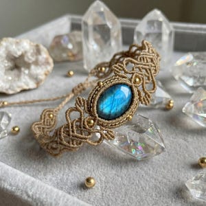 Labradorite Macrame Bracelet, Intricate Lace Woven Cuff, Blue Flash Crystal Jewelry, Adjustable Sliding Knot, Elven Fairycore Gift