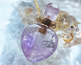 Amethyst Perfume Bottle Necklace, Heart or Faceted Diffuser Pendant, 18K Gold Chain or Boho Cord, February Birthstone Mothers Day Gift