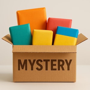 May include: A brown cardboard box with the word MYSTERY printed in dark brown letters on the front. Inside the open box are five rectangular packages wrapped in solid orange, teal, red, yellow, and a combination of blue and yellow paper.