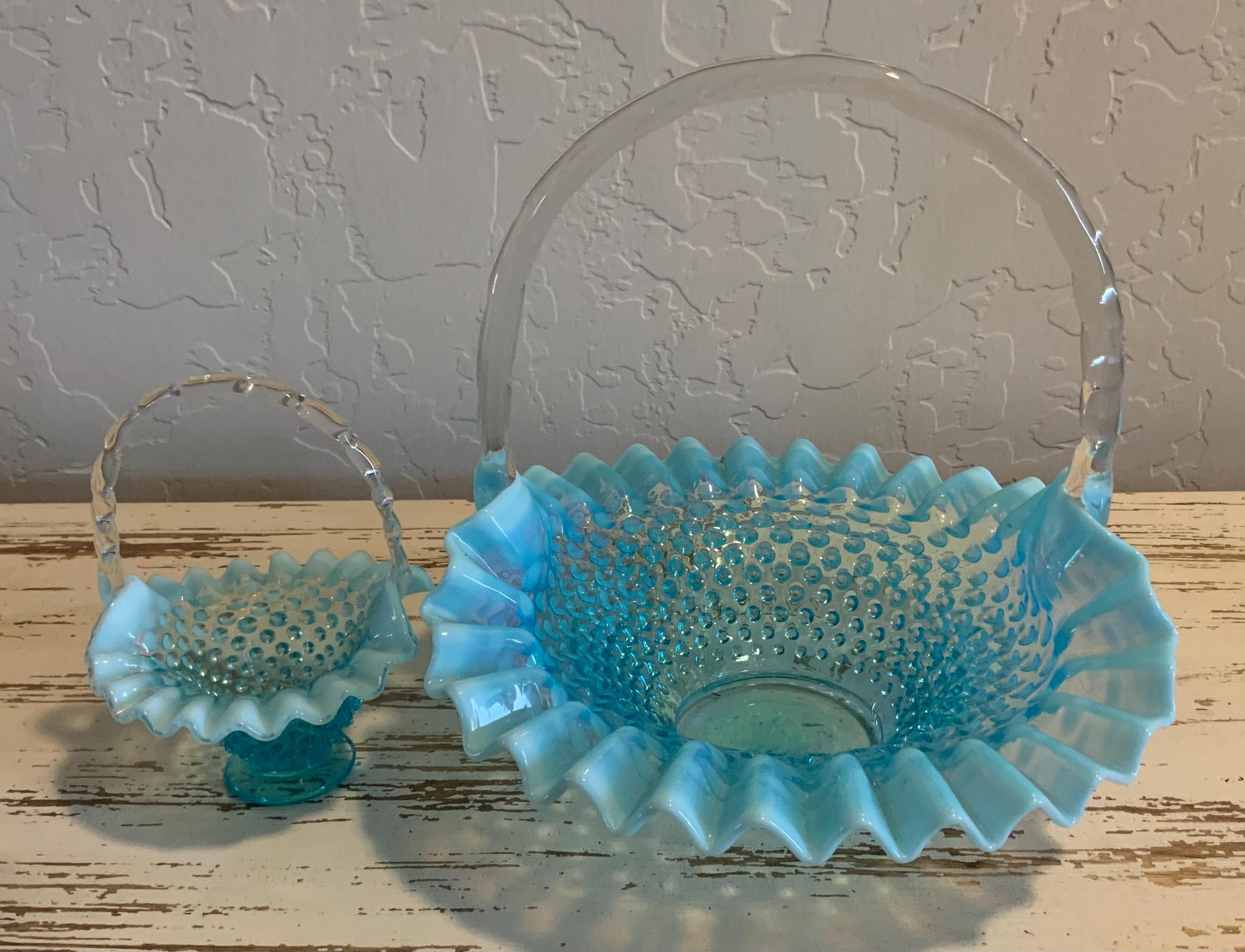 フェントン アクアグリーン デイジー＆ボタン イリデセントグラス ミニバスケット Fenton Mini Basket