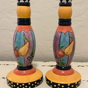 Pair of Hand-Painted Fruit Motif Candlestick Holders
