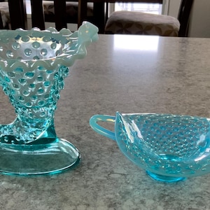 Vintage Fenton Aqua Blue Hobnail Opalescent Glass – Cornucopia Vase & Double-Handled Sugar Bowl