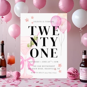 21st Birthday Invitation Template | Preppy Pink Birthday Invite | Coquette 21st Birthday Theme Editable Canva Digital Download