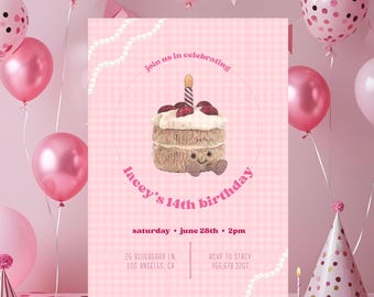Jellycat Cake Birthday Invitation Template | Pink Party Invite (Digital Download)