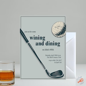 Men&#39;s Golf Birthday Invitation Template | &quot;Wining and Dining&quot; Golf Course Dinner Party Invite | Editable Canva Digital Download
