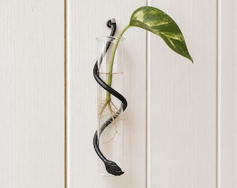 Leaf Wall Propagation Vase - Hand Forged Plant Cutting Holder | Glass Tube Bud Vase | Botanical Wall Decor | Nature Inspired Gift