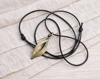 Hand Forged Steel Leaf Necklace – Rustic Botanical Brass Pendant, Adjustable Cord