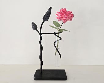 Hand-Forged Plant Propagation Station: Blacksmith Metalwork Vase with Leaf Design