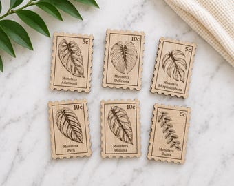 Set of 6 Monstera Wood Plant Magnets – Botanical Stamp Fridge Decor