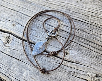 Hand Forged Steel Leaf Necklace Pendant | Rustic Jewelry with Adjustable Leather Cord