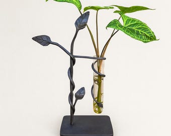 Hand Forged Steel Leaf Propagation Station: Rustic Botanical Decor