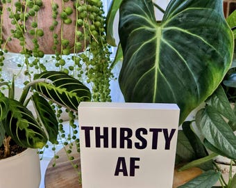 Thirsty AF Plant Sign – 4.5x4.5 Wood Block – Funny Plant Decor – Bold Houseplant Gift – Sassy Plant Parent Shelf Sign
