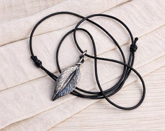 Hand Forged Steel Leaf Necklace – Rustic Botanical Steel Pendant, Adjustable Cord