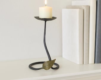 Hand Forged Candle Holder: Rustic Black Steel with Brass Leaf