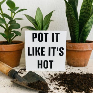 May include: A gardening still life with potted plants, a trowel, and soil. A white sign reads "POT IT LIKE IT'S HOT" in black. The plants are in terracotta pots, and the soil is dark brown.