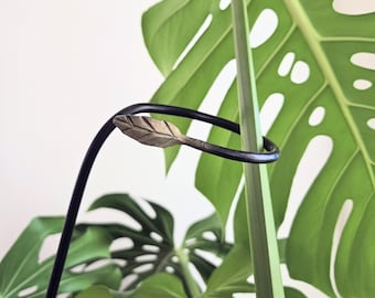 Hand Forged Steel Plant Support Stake: Rustproof Black Finish, Brass Leaf Detail