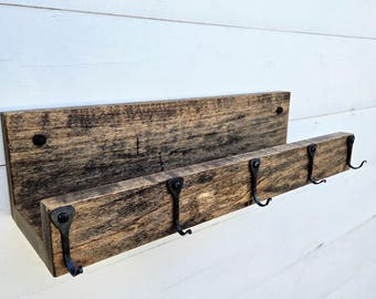 16" Rustic Floating Shelf with 5 Hand-Forged Hooks – Early American Stain