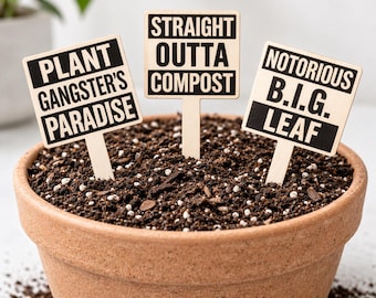 Gangster Plant Stakes Set – Wood Plant Markers for Pots, Funny Garden Decor