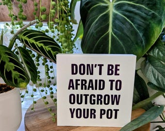 Don’t Be Afraid to Outgrow Your Pot – 4.5x4.5 Wood Sign – Motivational Plant Decor – Growth Mindset Gift – Plant Lover Shelf Sign