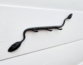 Hand Forged Leaf Key Rack: Wrought Iron Vine Hook, Rustic Organizer