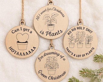 Set of 4 Wood Christmas Ornaments – Funny Plant Lover Holiday Set | Houseplant Gift