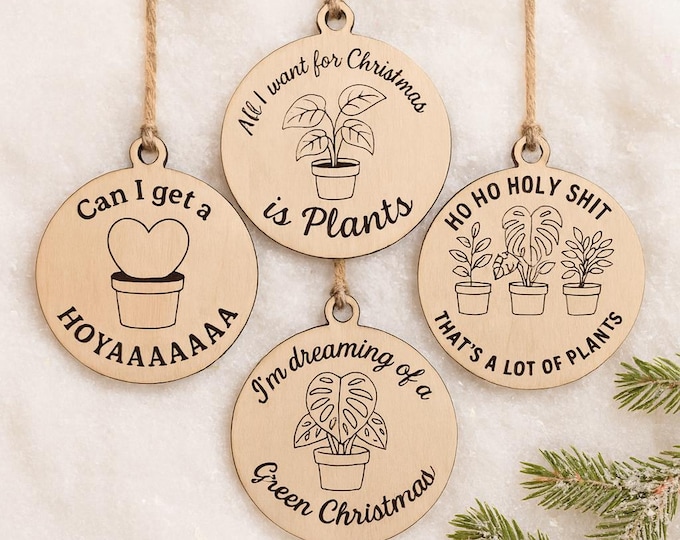 Featured listing image: Set of 4 Wood Christmas Ornaments – Funny Plant Lover Holiday Set | Houseplant Gift