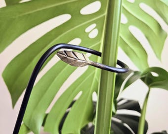 Hand Forged Plant Support Stake: Rustproof Black Steel with brass Leaf 18" and 24"