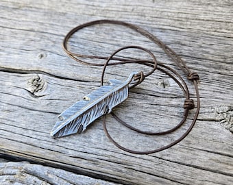 Hand Forged Steel Feather Necklace Pendant | Rustic Jewelry with Adjustable Leather Cord