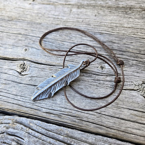 Hand Forged Steel Feather Necklace Pendant | Rustic Jewelry with Adjustable Cord
