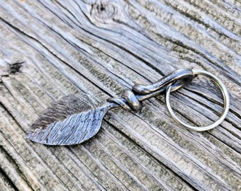 Hand Forged Steel Leaf Keychain: Rustic Blacksmith Keyring