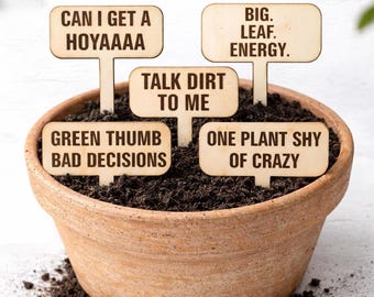 Funny Plant Stakes Set | Laser-Cut Wood Markers, Plant Lover Gift