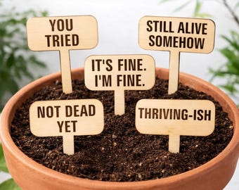 Funny Plant Stakes Set | Laser-Cut Wood Plant Markers, Humorous Garden Decor