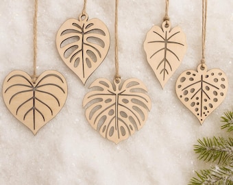 Wood Tropical Leaf Christmas Ornaments - Houseplant Lover Set