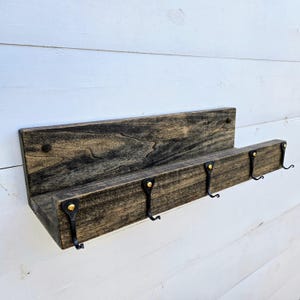 16&quot; Rustic Floating Shelf with 5 Hand-Forged Hooks, Brass Hardware – Dark Walnut Stain