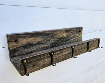 16" Rustic Floating Shelf with 5 Hand-Forged Hooks, Brass Hardware – Dark Walnut Stain