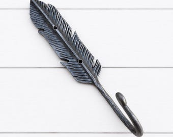 8" Hand Forged Steel Feather Wall Hook - Rustic Metal Decor