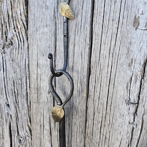 May include: Hand-forged metal hook with a leaf design. The hook is dark gray with two brass-colored leaves. The hook has a loop at the top and a curved hook at the bottom. The background is weathered wood.