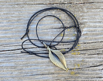 Hand Forged Steel Leaf Necklace – Rustic Botanical Brass Pendant, Adjustable Cord