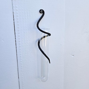 Może przedstawiać: Przezroczysty szklany wazon w kształcie probówki z czarnym metalowym wzorem w kształcie spirali. Wazon jest zamontowany na białej ścianie. Metalowy wzór owija się wokół szklanej rurki, dodając element dekoracyjny.