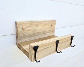 8" Floating Shelf Key Holder with Hand-Forged Hooks – Rustic/Boho Wood Wall Organizer