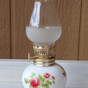 Small 7.5 inch shabby chic Roses- milk glass- oil lamp- C1960s