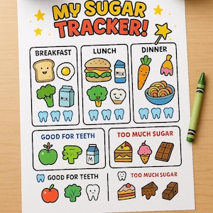 Mi Registro de Azúcar para Niños – Tabla Imprimible de Alimentos y Dientes – Hoja de Trabajo de Alimentación Saludable para Casa o el Aula